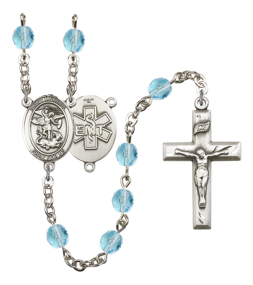 St. Michael EMT Rosary, 6mm Fire Polished Aqua Beads, Silver Plate, # 15745