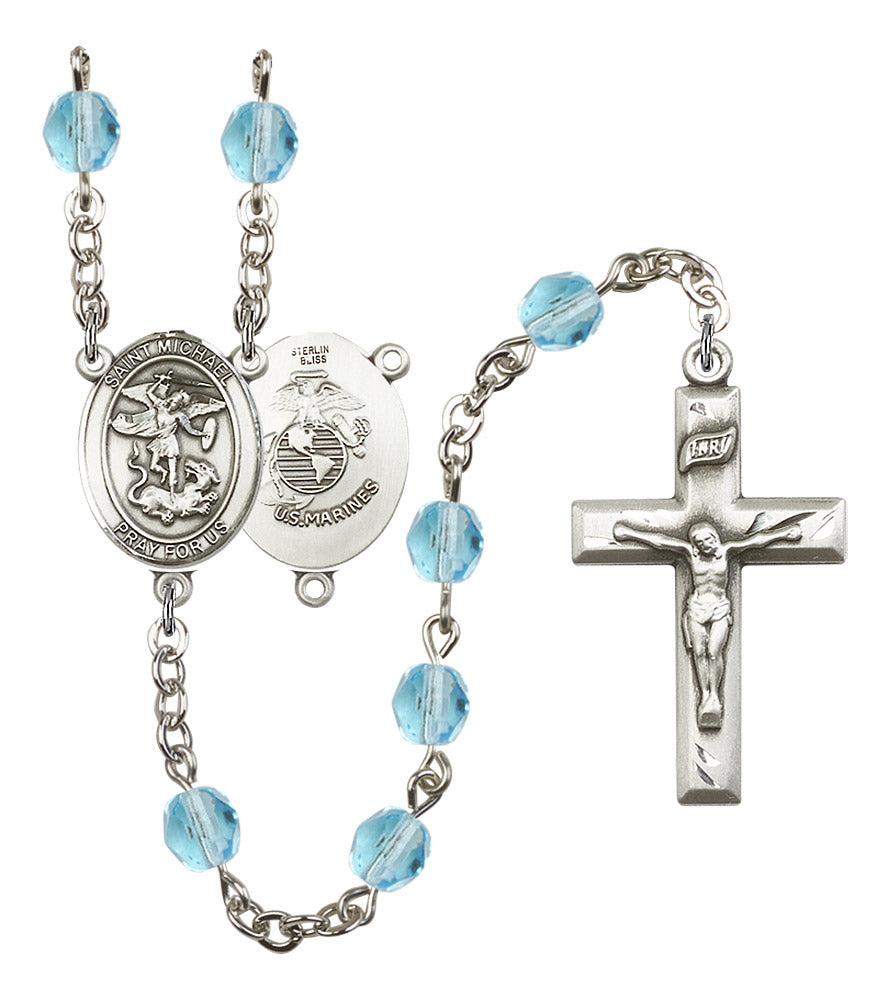 St. Michael U.S. Marines Rosary, 6mm Fire Polished Aqua Beads, Silver Plate, # 15748
