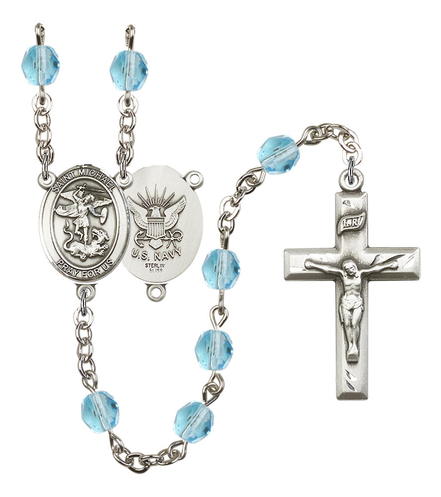 St. Michael U.S. Navy Rosary, 6mm Fire Polished Aqua Beads, Silver Plate, # 15750
