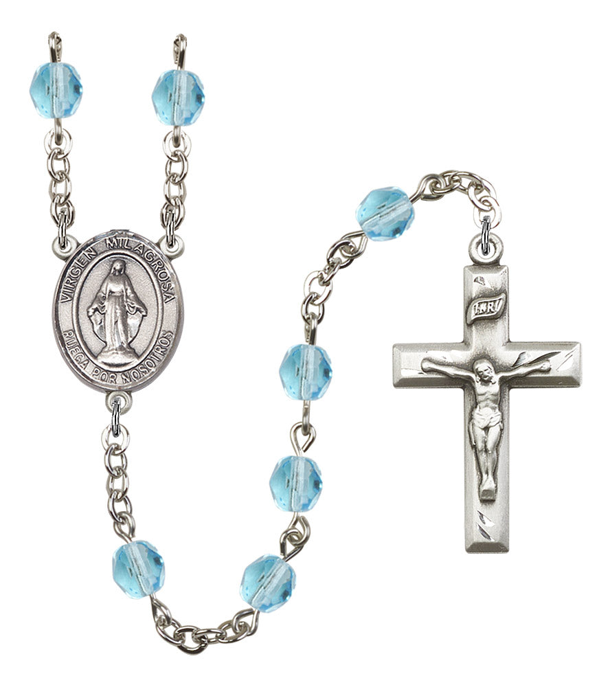 Virgen Milagosa Spanish Rosary, 6mm Fire Polished Aqua Beads, Silver Plate, # 15755
