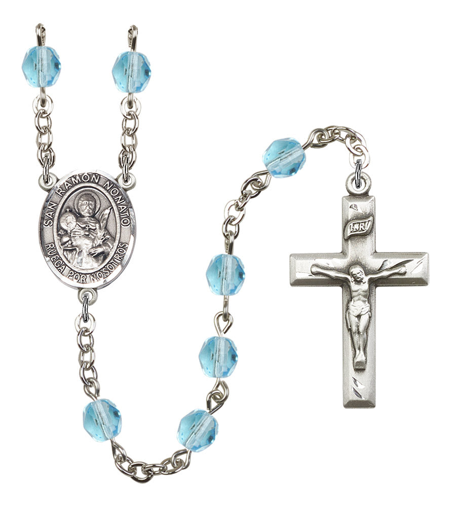 San Ramon Nonato Spanish Rosary, 6mm Fire Polished Aqua Beads, Silver Plate, # 15771