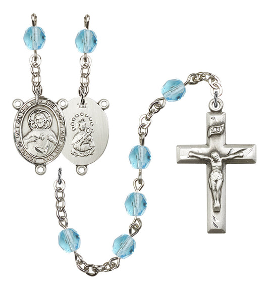 I am the Way, Truth and Life Rosary, 6mm Fire Polished Aqua Beads, Silver Plate, # 15778