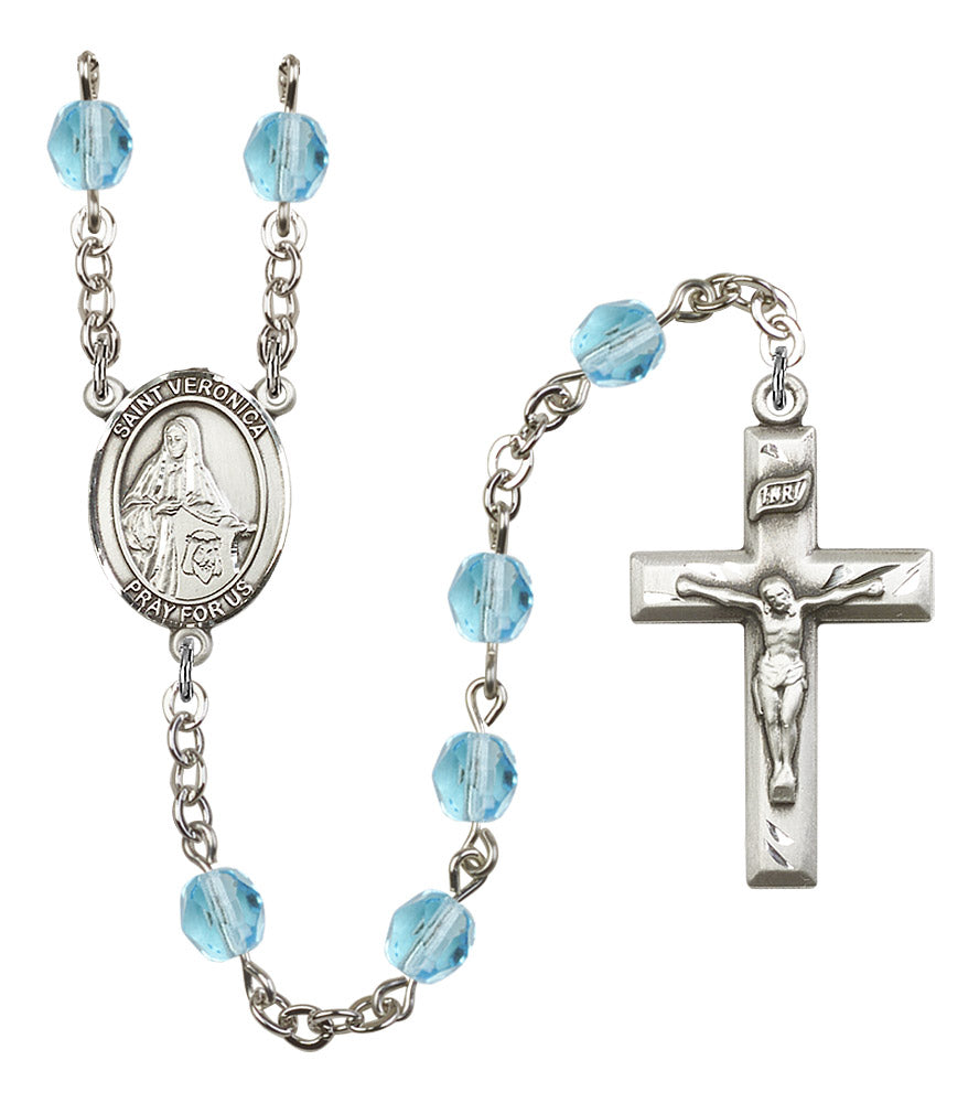 St. Veronica Rosary, 6mm Fire Polished Aqua Beads, Silver Plate, # 15791