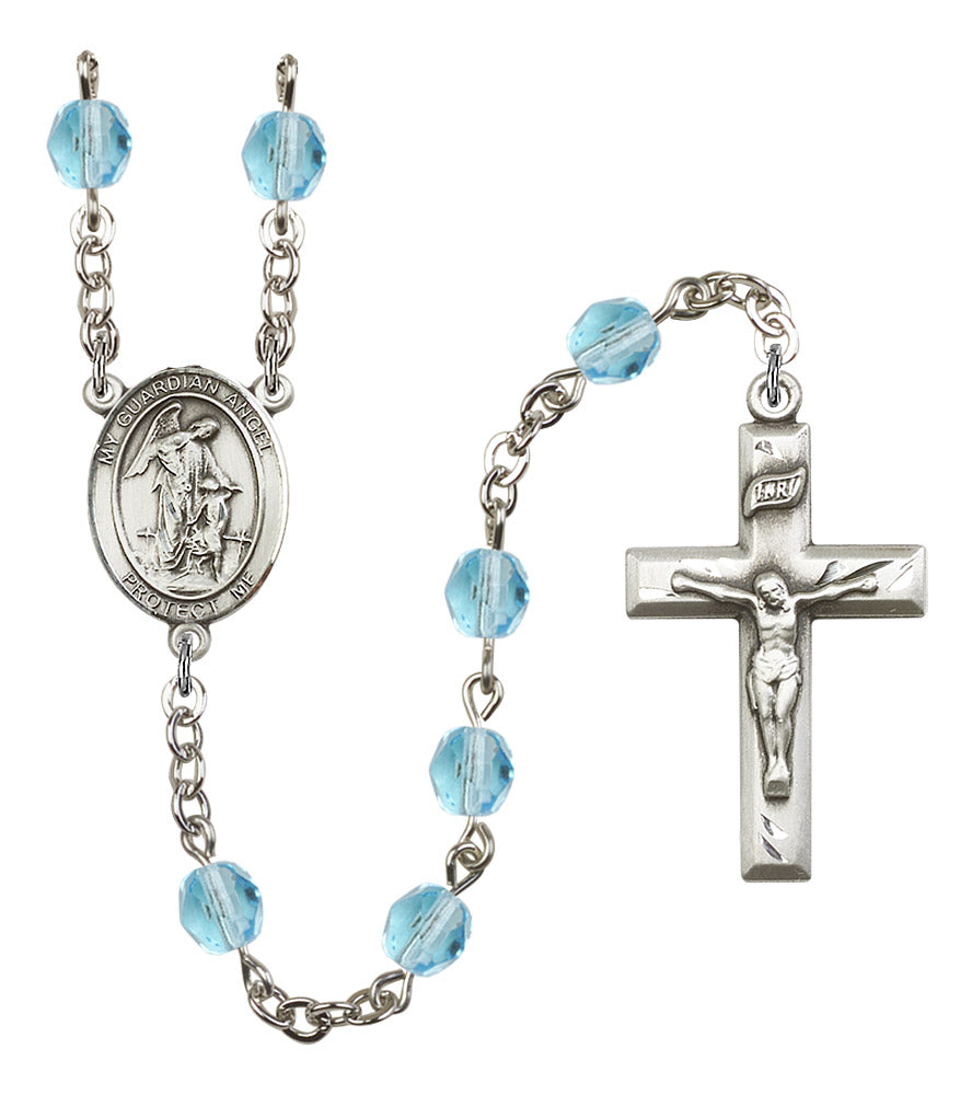 Guardian Angel Rosary, 6mm Fire Polished Aqua Beads, Silver Plate, # 15800