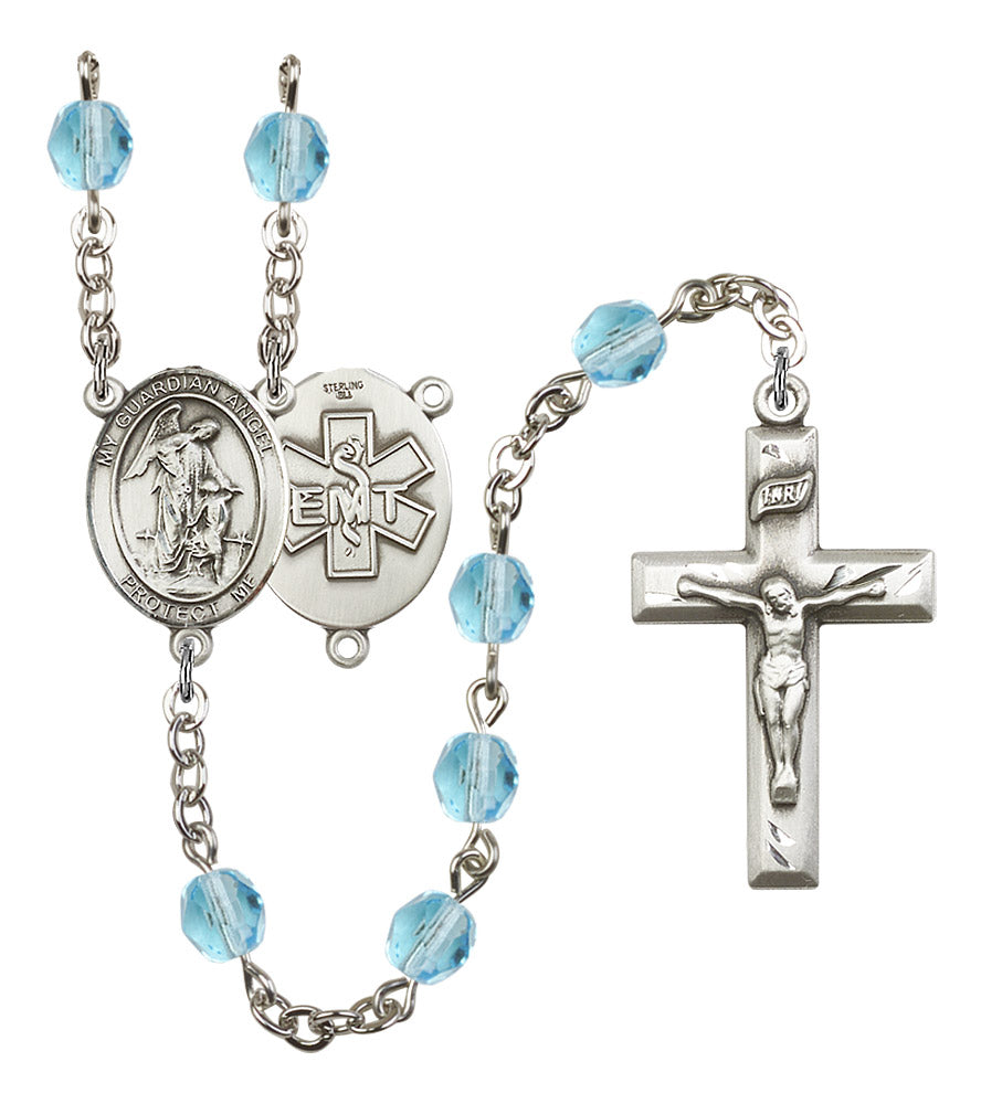 Guardian Angel EMT Rosary, 6mm Fire Polished Aqua Beads, Silver Plate, # 15802