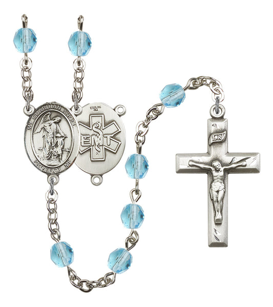 Guardian Angel EMT Rosary, 6mm Fire Polished Aqua Beads, Silver Plate, # 15802