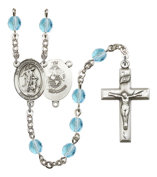 Guardian Angel U.S. Marines Rosary, 6mm Fire Polished Aqua Beads, Silver Plate, # 15805
