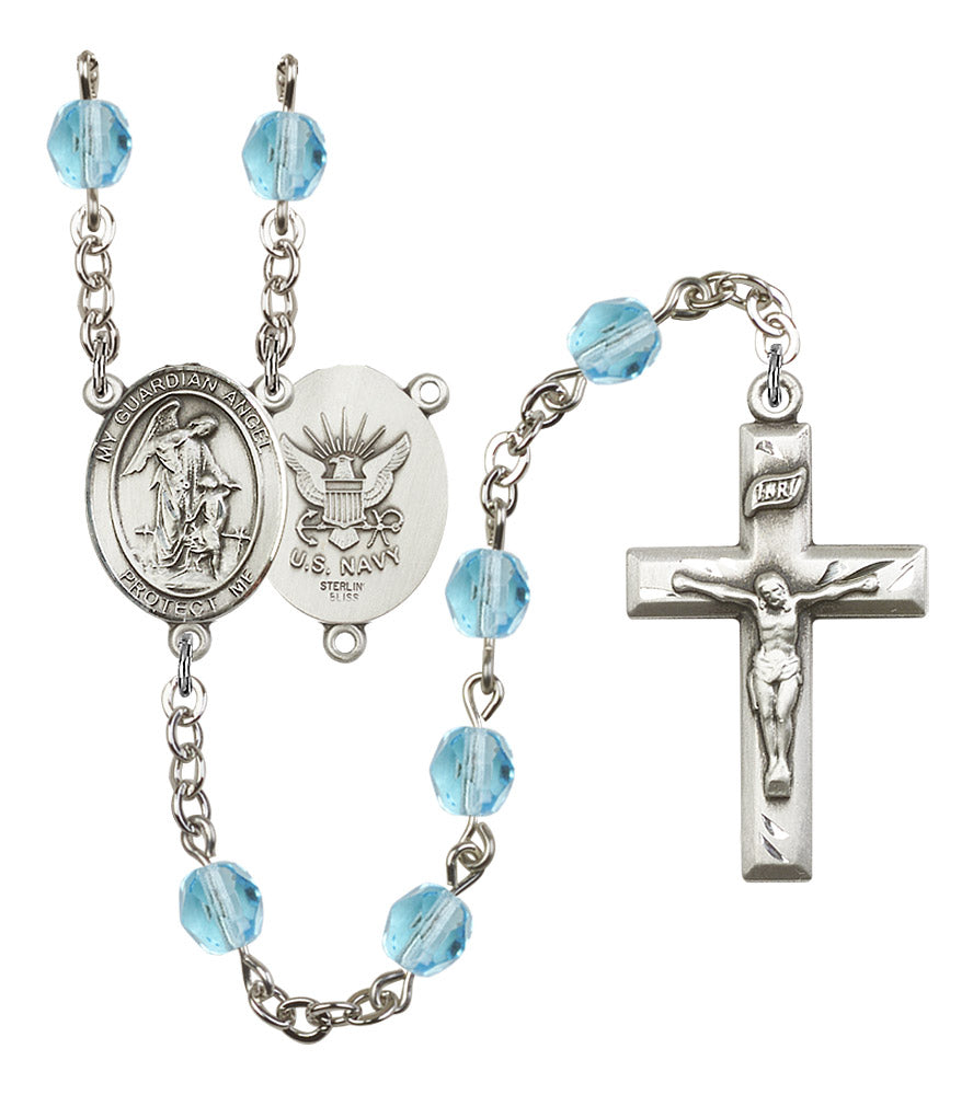 Guardian Angel U.S. Navy Rosary, 6mm Fire Polished Aqua Beads, Silver Plate, # 15807