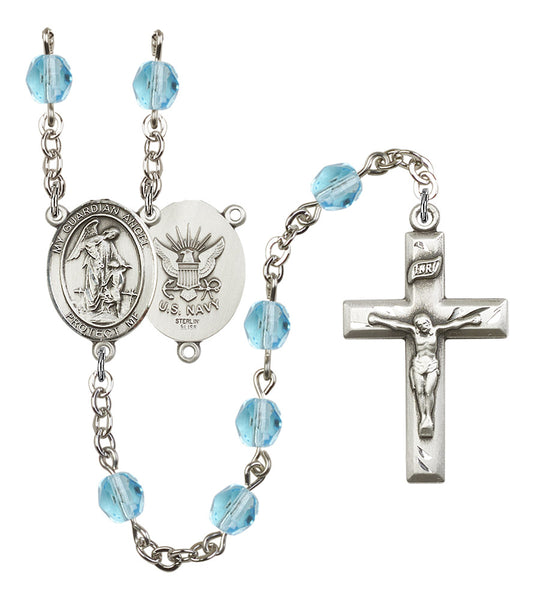 Guardian Angel U.S. Navy Rosary, 6mm Fire Polished Aqua Beads, Silver Plate, # 15807