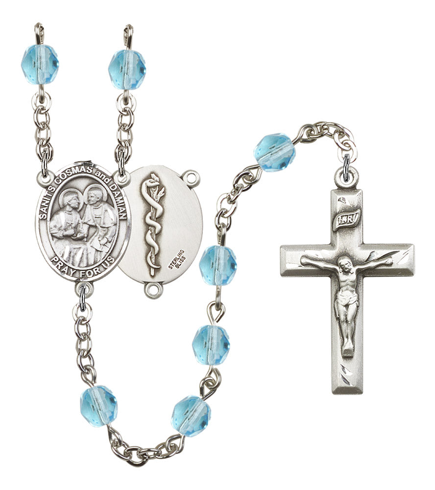 Sts. Cosmas and Damian Doctor's Rosary, 6mm Fire Polished Aqua Beads, Silver Plate, # 15823