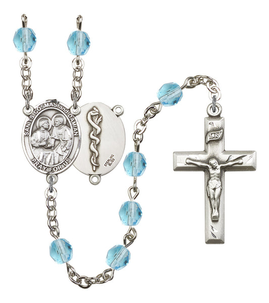 Sts. Cosmas and Damian Doctor's Rosary, 6mm Fire Polished Aqua Beads, Silver Plate, # 15823