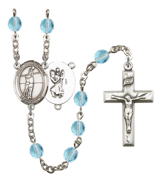St. Christopher / Volleyball Rosary, 6mm Fire Polished Aqua Beads, Silver Plate, # 15829