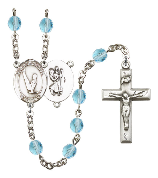 St. Christopher / Gymnastics Rosary, 6mm Fire Polished Aqua Beads, Silver Plate, # 15832