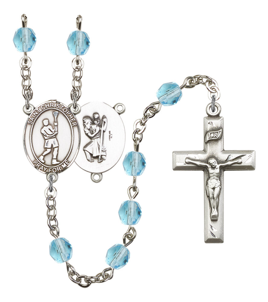 St. Christopher / Lacrosse Rosary, 6mm Fire Polished Aqua Beads, Silver Plate, # 15834