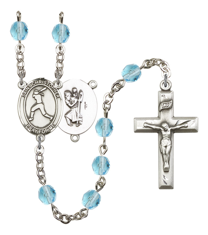 St. Christopher / Women's Softball Rosary, 6mm Fire Polished Aqua Beads, Silver Plate, # 15835