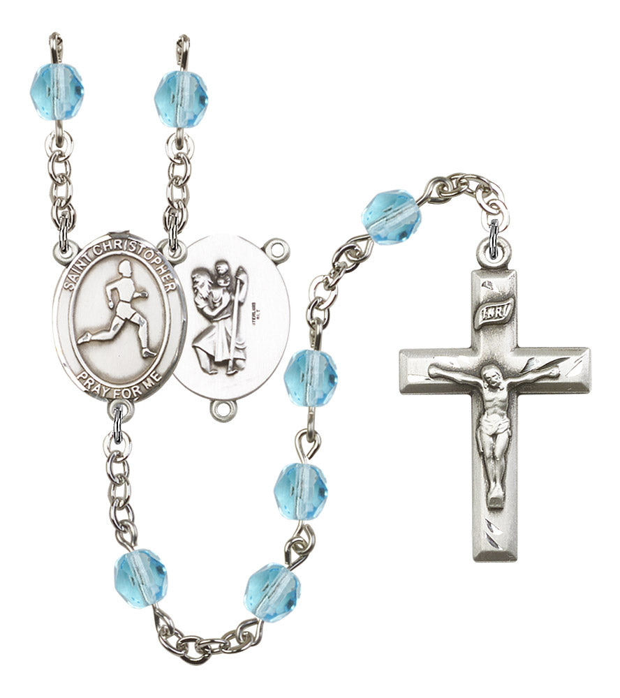 St. Christopher / Women's Track & Field Rosary, 6mm Fire Polished Aqua Beads, Silver Plate, # 15836