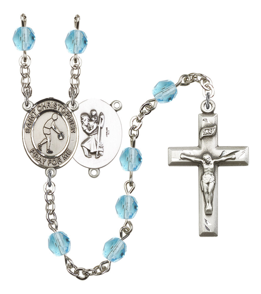 St. Christopher / Basketball Rosary, 6mm Fire Polished Aqua Beads, Silver Plate, # 15840