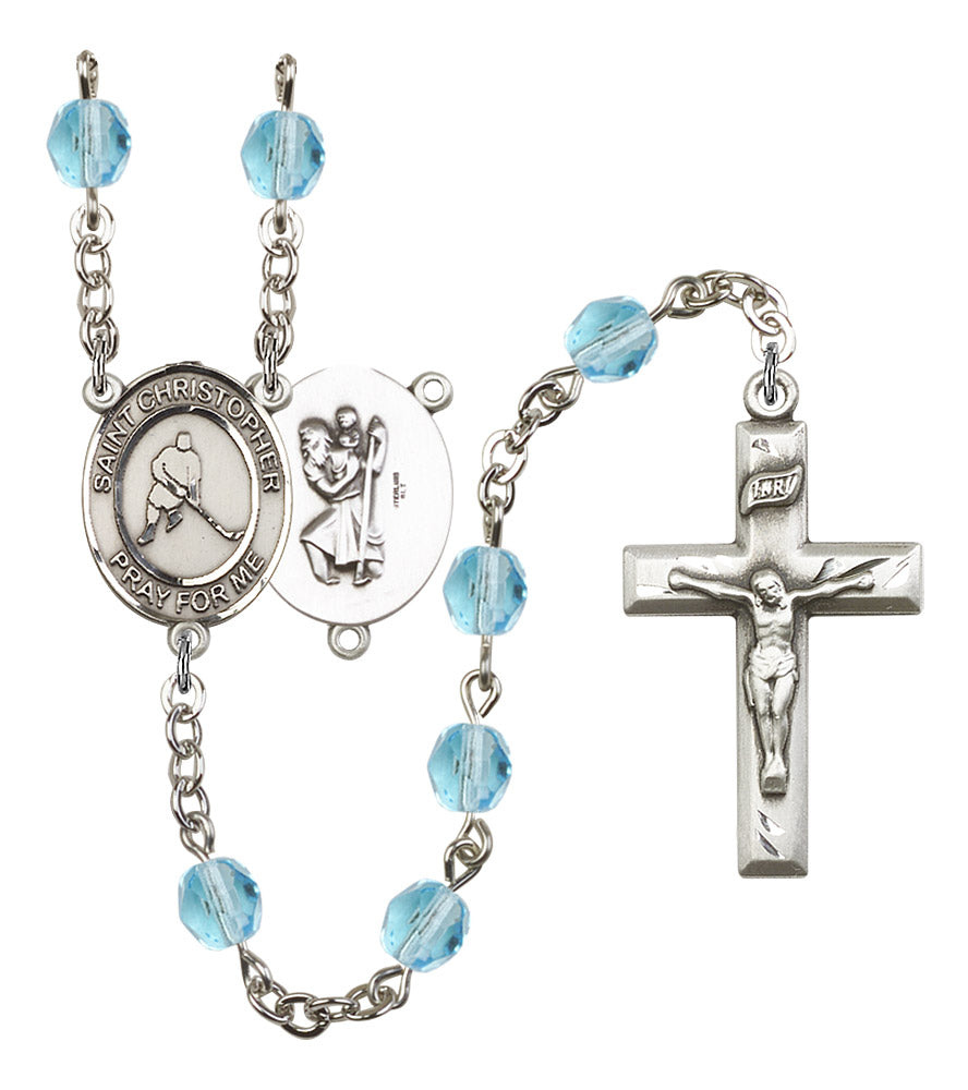 St. Christopher / Ice Hockey Rosary, 6mm Fire Polished Aqua Beads, Silver Plate, # 15842