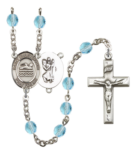 St. Christopher / Swimming Rosary, 6mm Fire Polished Aqua Beads, Silver Plate, # 15844