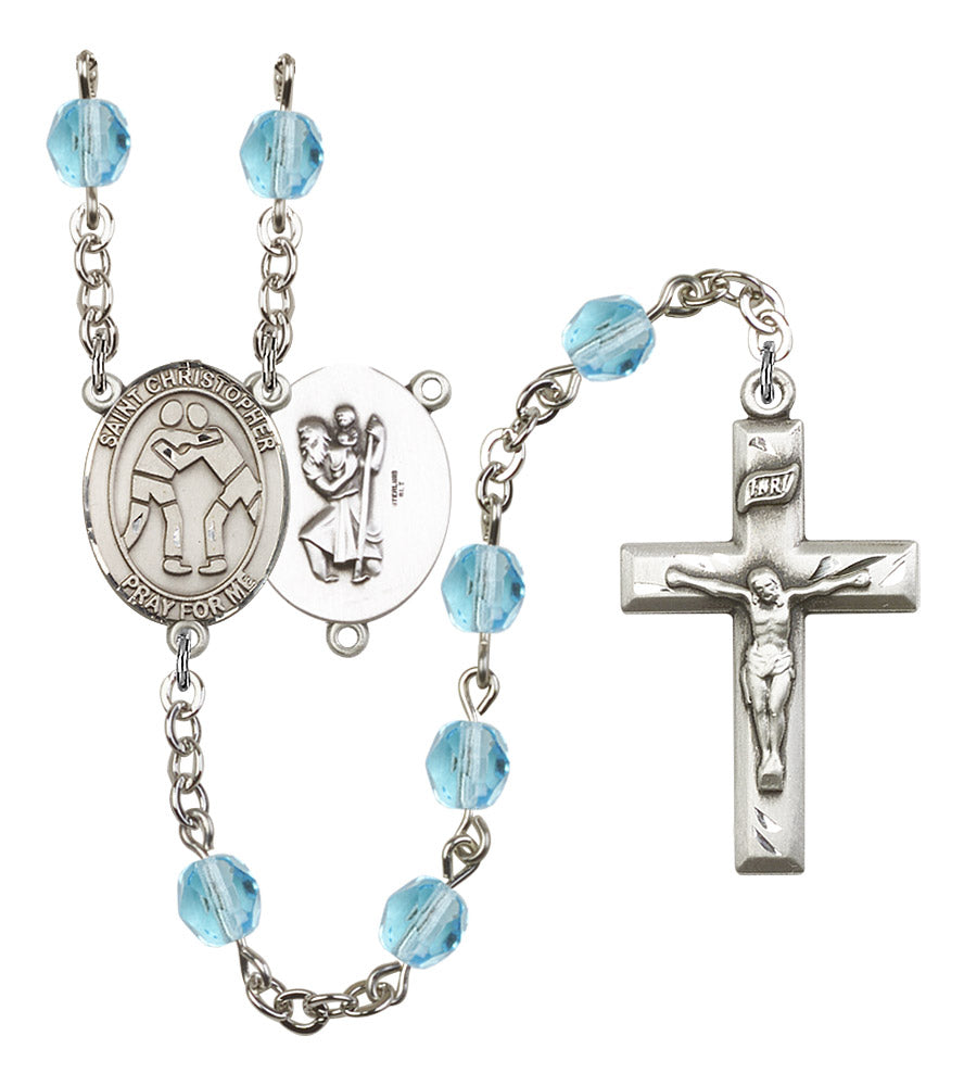 St. Christopher / Wrestling Rosary, 6mm Fire Polished Aqua Beads, Silver Plate, # 15846