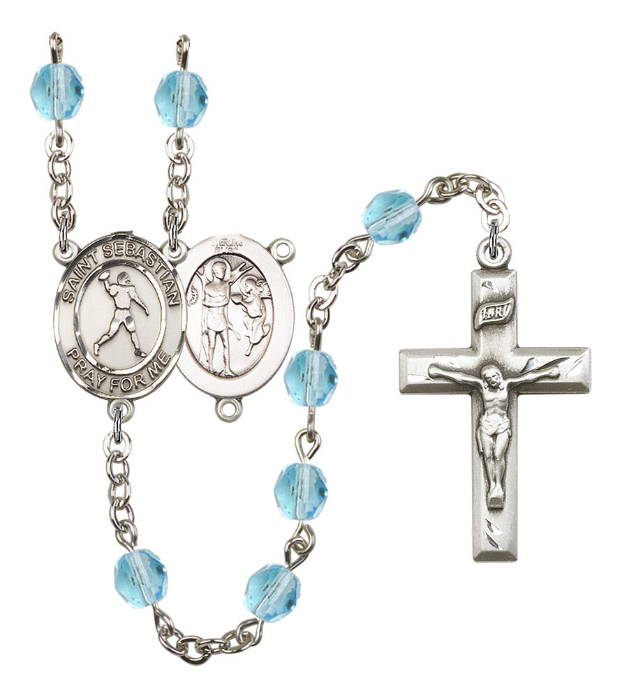 St. Sebastian / Football Rosary, 6mm Fire Polished Aqua Beads, Silver Plate, # 15848