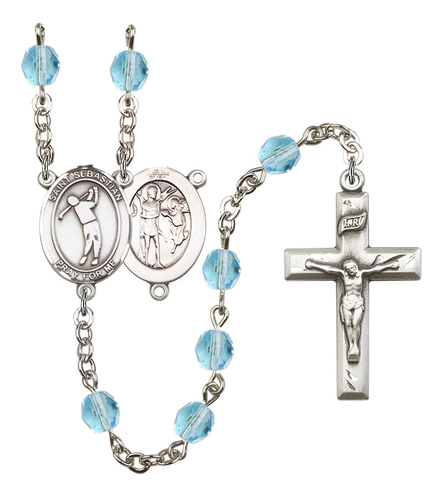St. Sebastian / Golf Rosary, 6mm Fire Polished Aqua Beads, Silver Plate, # 15849