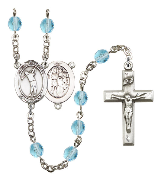 St. Sebastian / Golf Rosary, 6mm Fire Polished Aqua Beads, Silver Plate, # 15849
