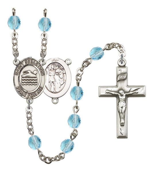 St. Sebastian / Swimming Rosary, 6mm Fire Polished Aqua Beads, Silver Plate, # 15854