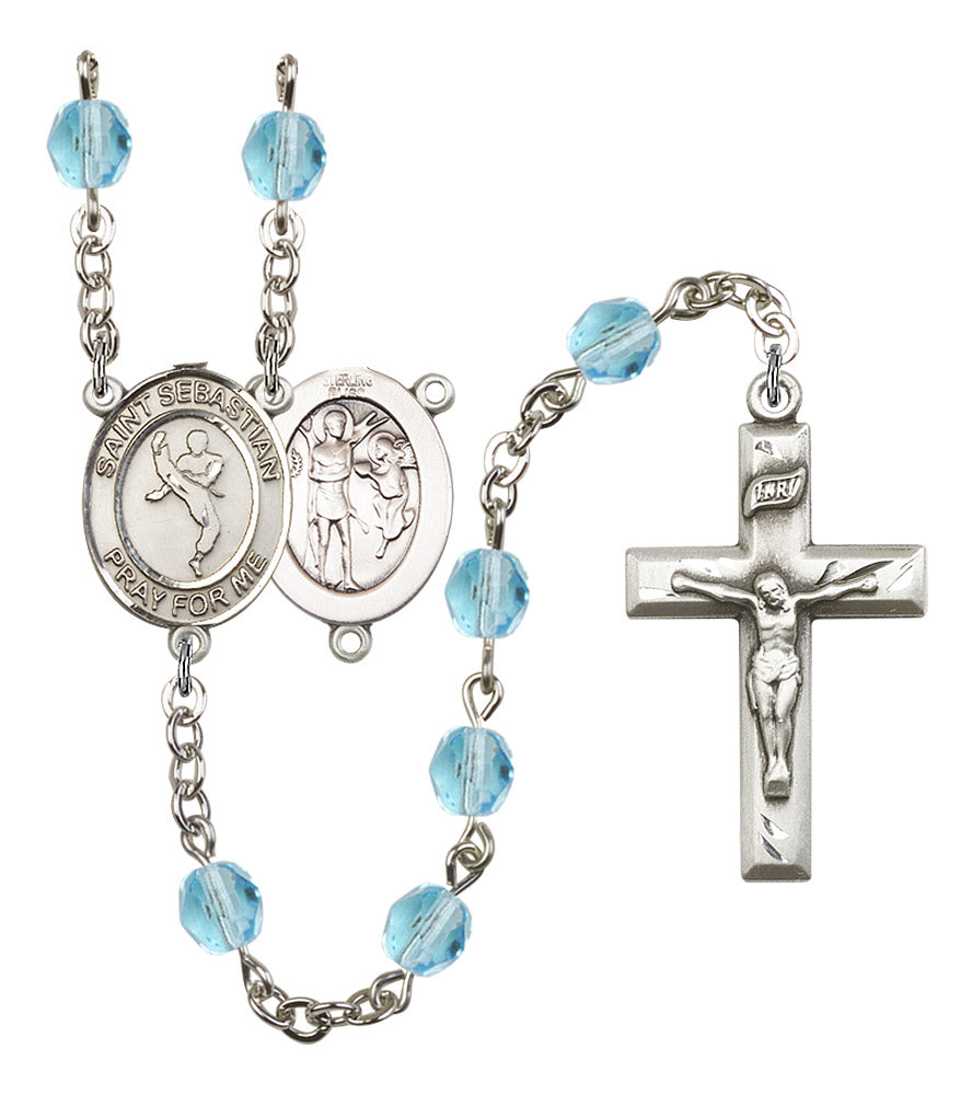 St. Sebastian / Martial Arts Rosary, 6mm Fire Polished Aqua Beads, Silver Plate, # 15855