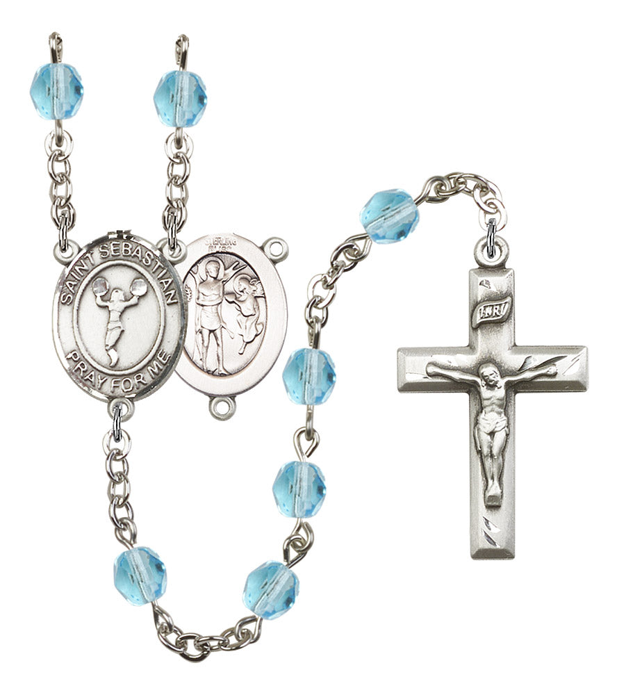 St. Sebastian / Cheerleading Rosary, 6mm Fire Polished Aqua Beads, Silver Plate, # 15857