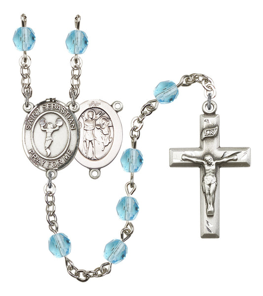 St. Sebastian / Cheerleading Rosary, 6mm Fire Polished Aqua Beads, Silver Plate, # 15857