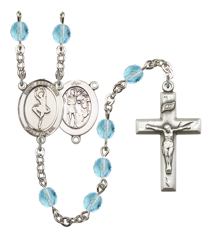 St. Sebastian / Dance Rosary, 6mm Fire Polished Aqua Beads, Silver Plate, # 15860