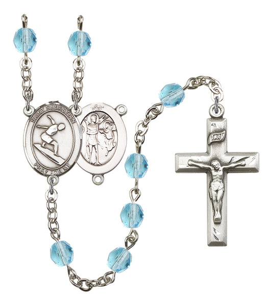 St. Sebastian / Surfing Rosary, 6mm Fire Polished Aqua Beads, Silver Plate, # 15862