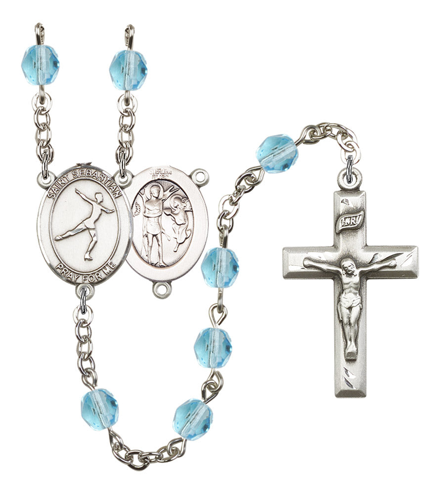 St. Sebastian / Figure Skating Rosary, 6mm Fire Polished Aqua Beads, Silver Plate, # 15864
