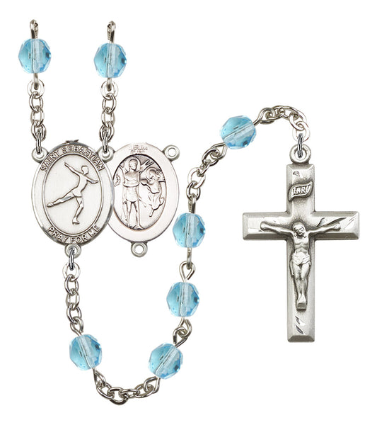 St. Sebastian / Figure Skating Rosary, 6mm Fire Polished Aqua Beads, Silver Plate, # 15864
