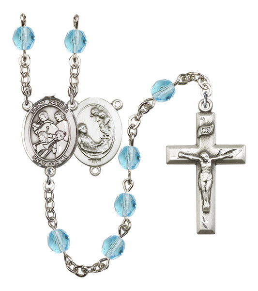 St. Cecilia / Marching Band Rosary, 6mm Fire Polished Aqua Beads, Silver Plate, # 15866