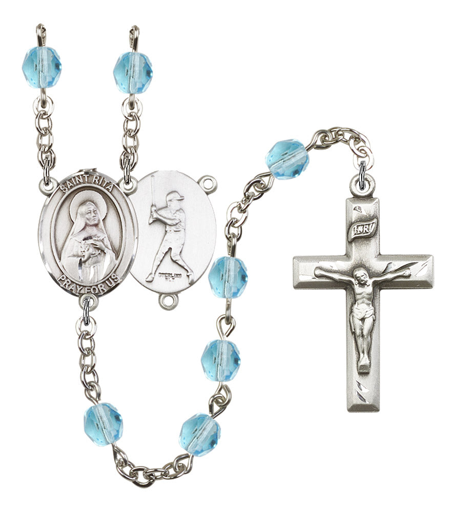 St. Rita / Baseball Rosary, 6mm Fire Polished Aqua Beads, Silver Plate, # 15868