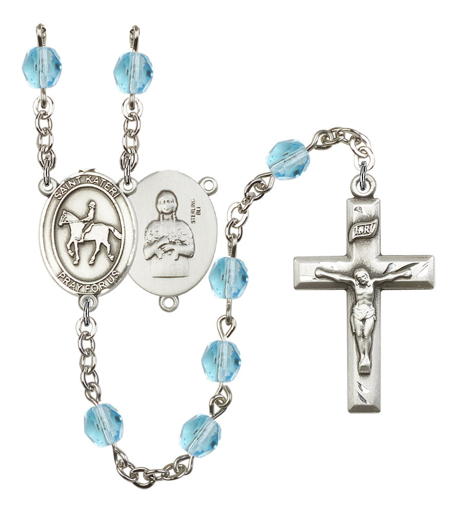 St. Kateri / Equestrian Rosary, 6mm Fire Polished Aqua Beads, Silver Plate, # 15869
