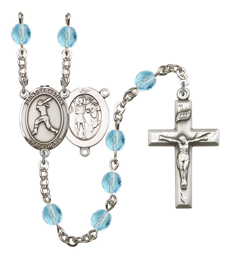 St. Sebastian / Women's Softball Rosary, 6mm Fire Polished Aqua Beads, Silver Plate, # 15870