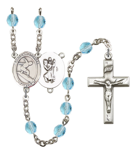 St. Christopher / Surfing Rosary, 6mm Fire Polished Aqua Beads, Silver Plate, # 15872