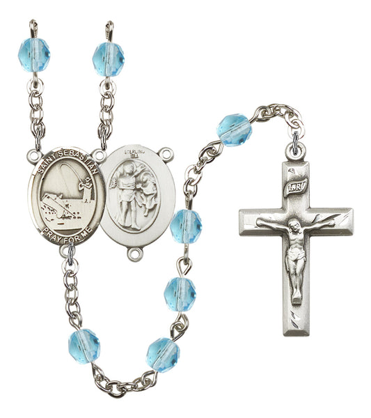 St. Sebastian / Fishing Rosary, 6mm Fire Polished Aqua Beads, Silver Plate, # 15876
