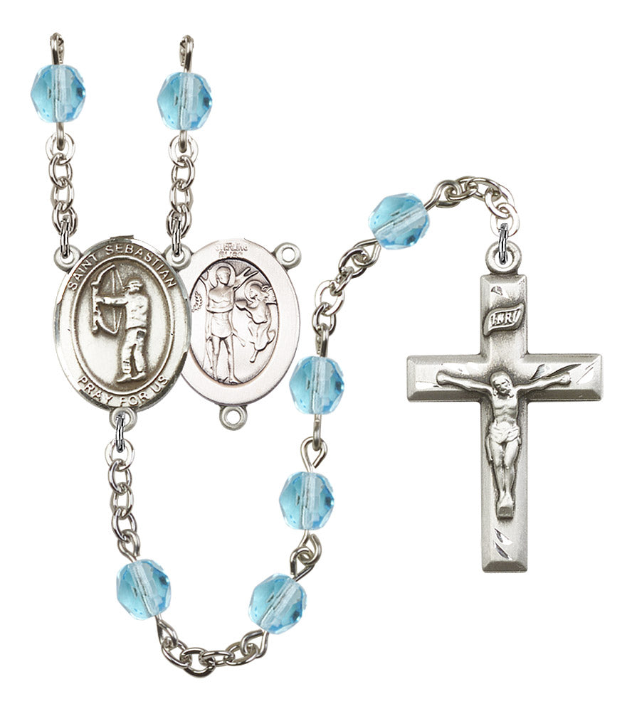 St. Sebastian / Archery Rosary, 6mm Fire Polished Aqua Beads, Silver Plate, # 15877