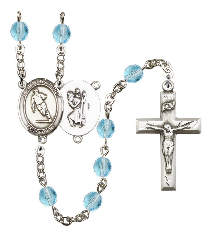 St. Christopher / Rugby Rosary, 6mm Fire Polished Aqua Beads, Silver Plate, # 15883
