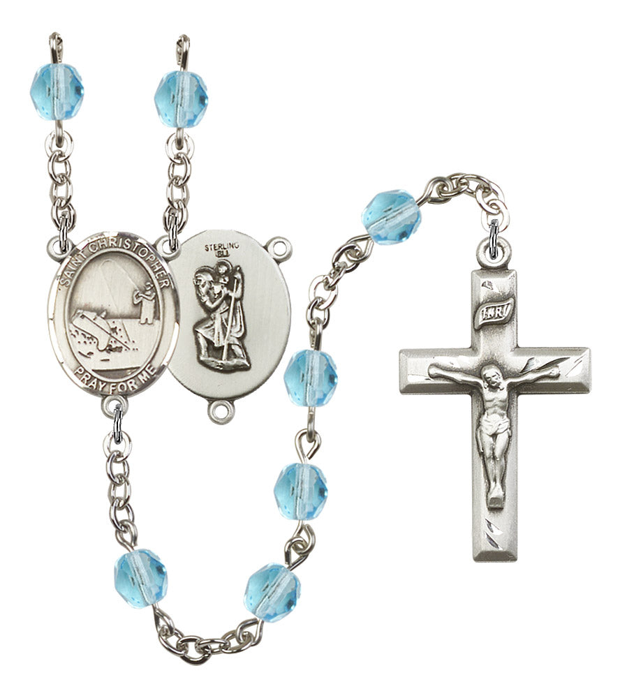 St. Christopher / Fishing Rosary, 6mm Fire Polished Aqua Beads, Silver Plate, # 15885