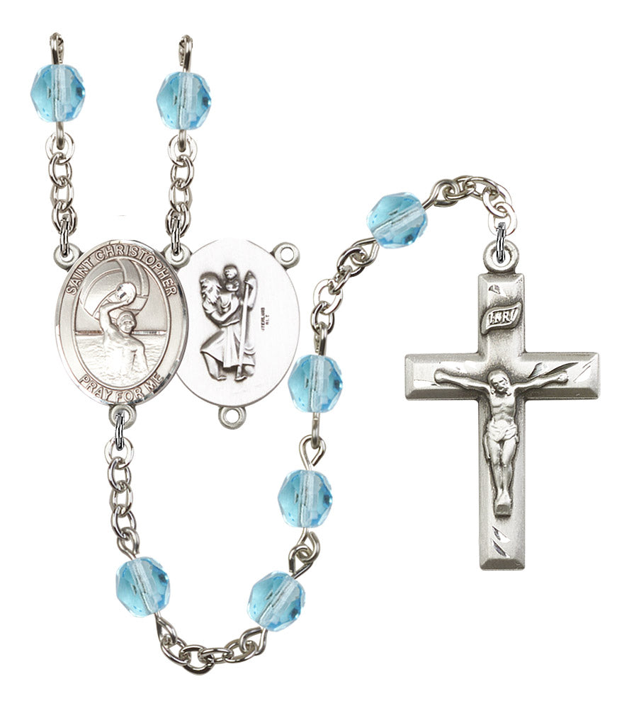 St. Christopher / Men's Water Polo Rosary, 6mm Fire Polished Aqua Beads, Silver Plate, # 15888