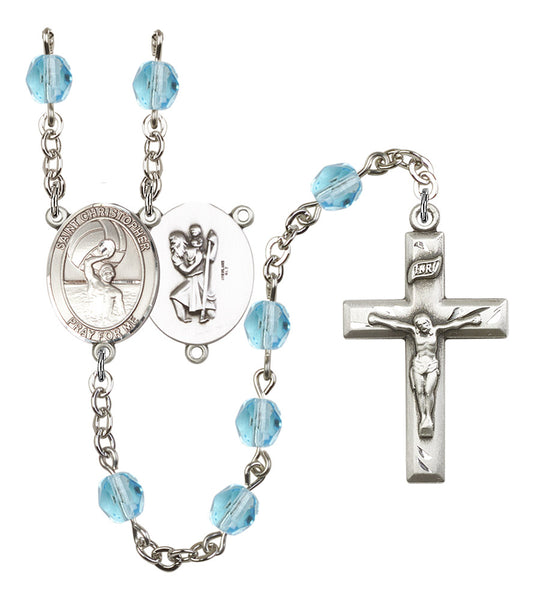 St. Christopher / Men's Water Polo Rosary, 6mm Fire Polished Aqua Beads, Silver Plate, # 15888