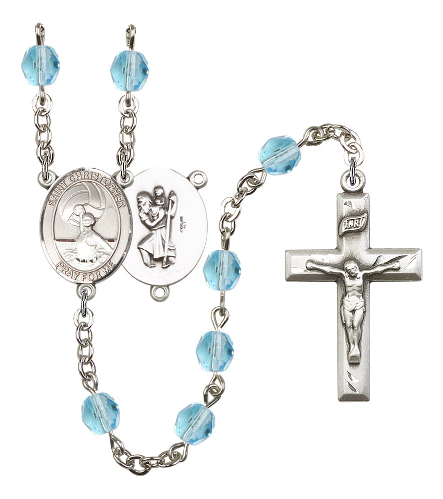 St. Christopher / Women's Water Polo Rosary, 6mm Fire Polished Aqua Beads, Silver Plate, # 15889