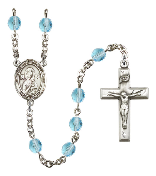Our Lady of Perpetual Help Rosary, 6mm Fire Polished Aqua Beads, Silver Plate, # 15917