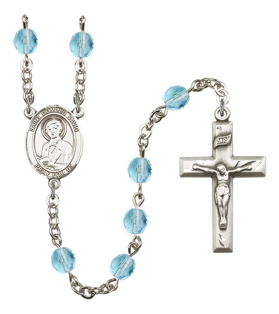 St. Dominic Savio Rosary, 6mm Fire Polished Aqua Beads, Silver Plate, # 15922