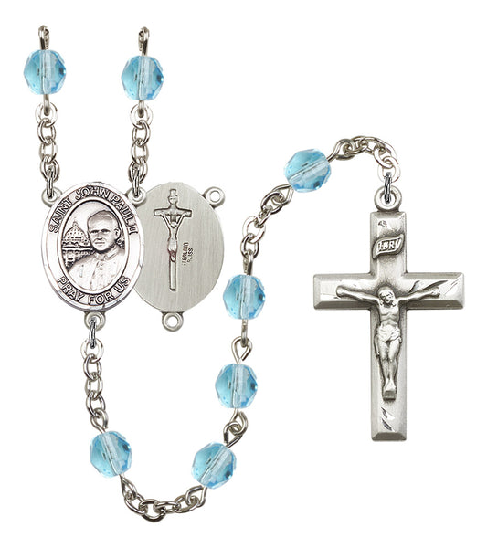 St. John Paul II Rosary, 6mm Fire Polished Aqua Beads, Silver Plate, # 15929